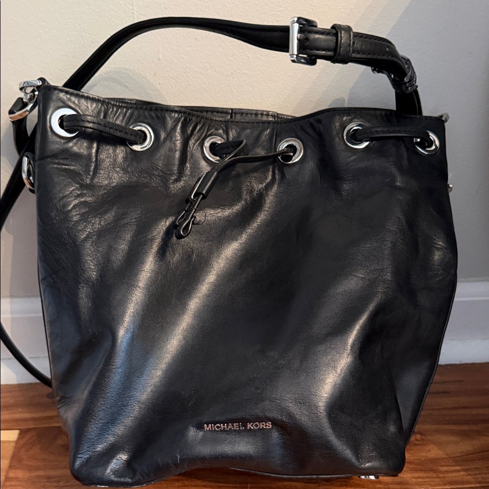 Michael Kors Black Leather Shoulder Bag with Silver Accents